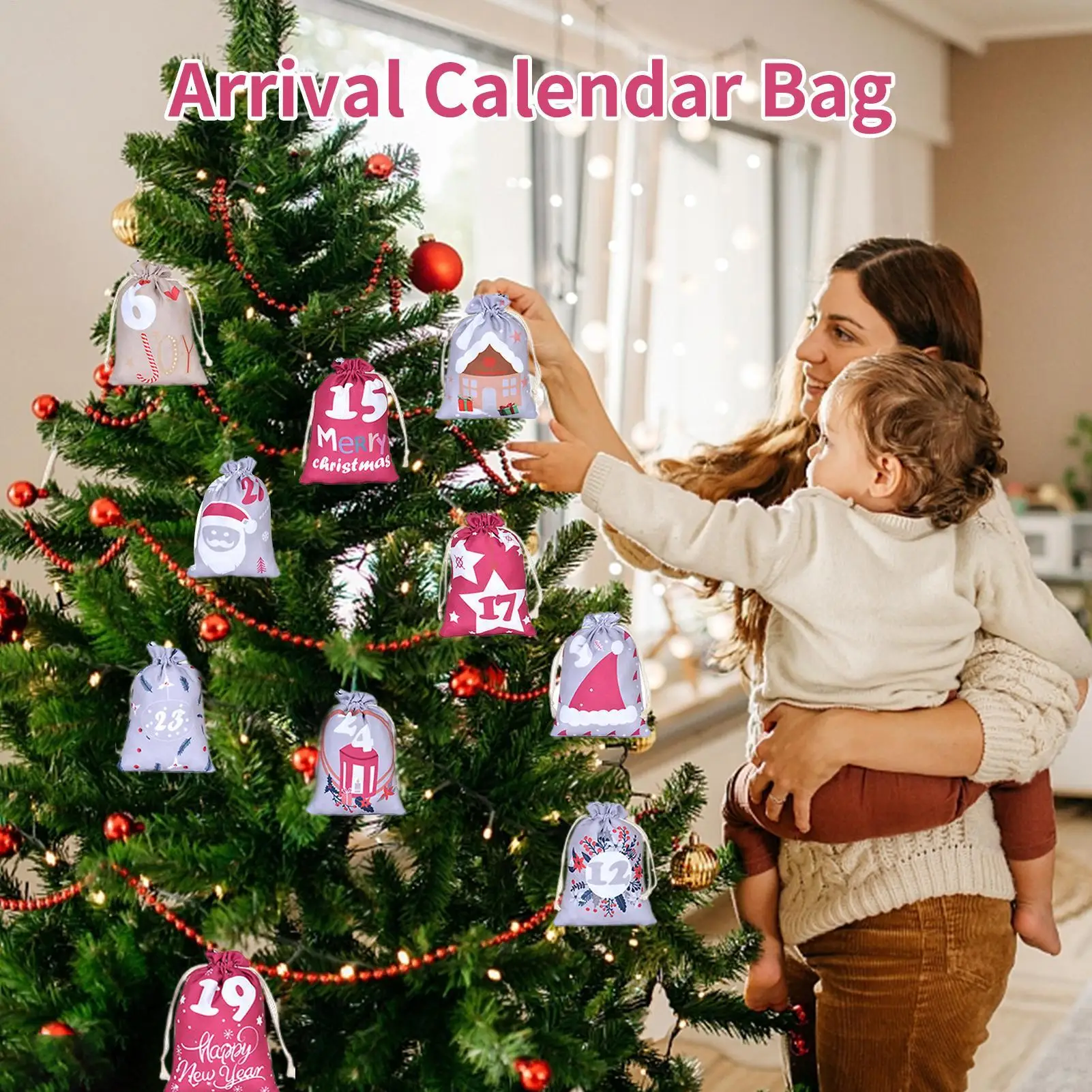 24Pcs Christmas Advent Calendar Bags Cartoon Drawstring Gift Bags Holiday Countdown Drawstring Pouches for Candy Snacks Toys