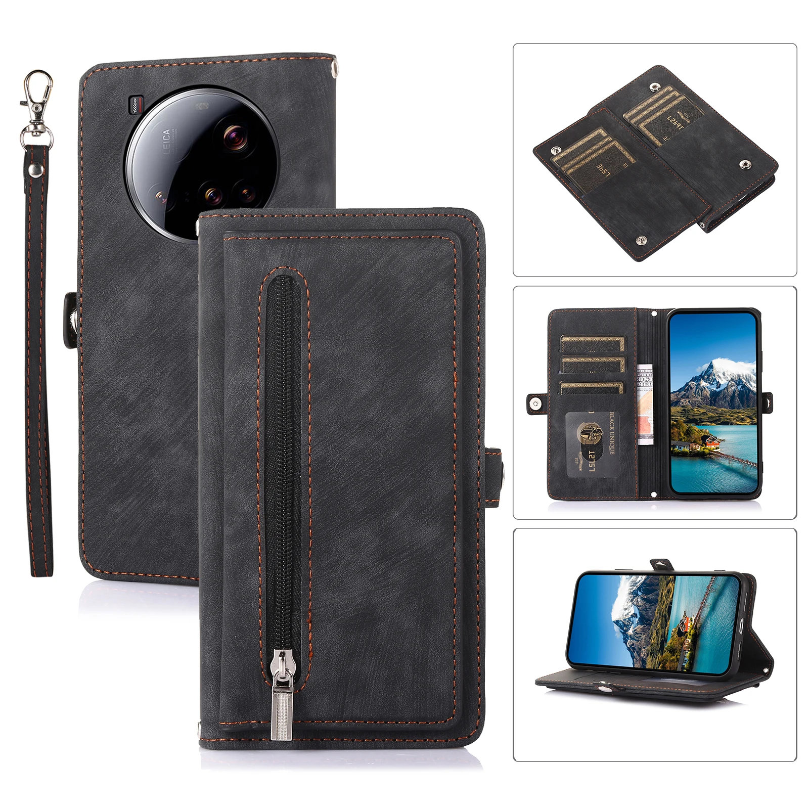Leather Lanyard Wallet Case with Strap and Card Holder