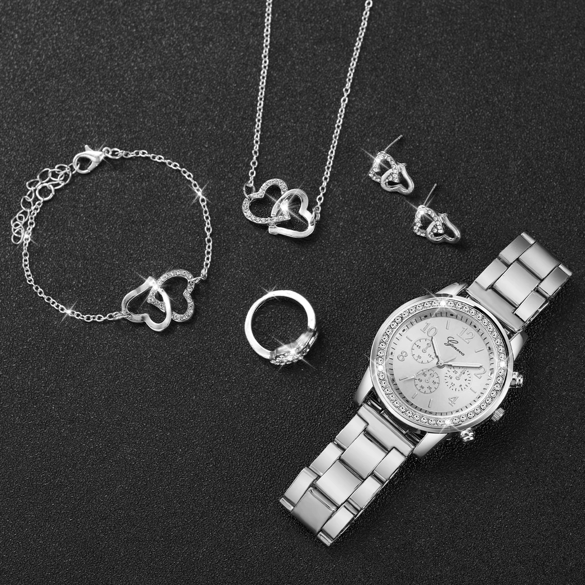 Fashion Women Stainless Steel  Silver Color Quartz Watch & Heart-shaped Jewelry Set 3