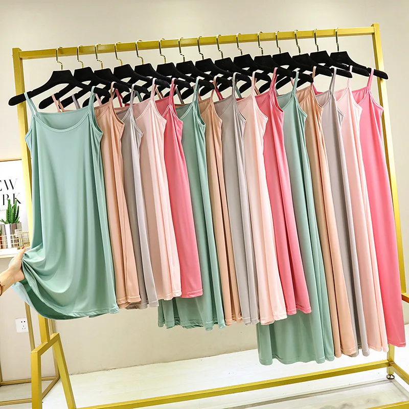 Women Full Slip Dress Seamless Full Slips Under Dress Women Summer Sleeveless Ice Silk Petticoat Underskirt Sexy Slim Strap Nightdress Plus Size