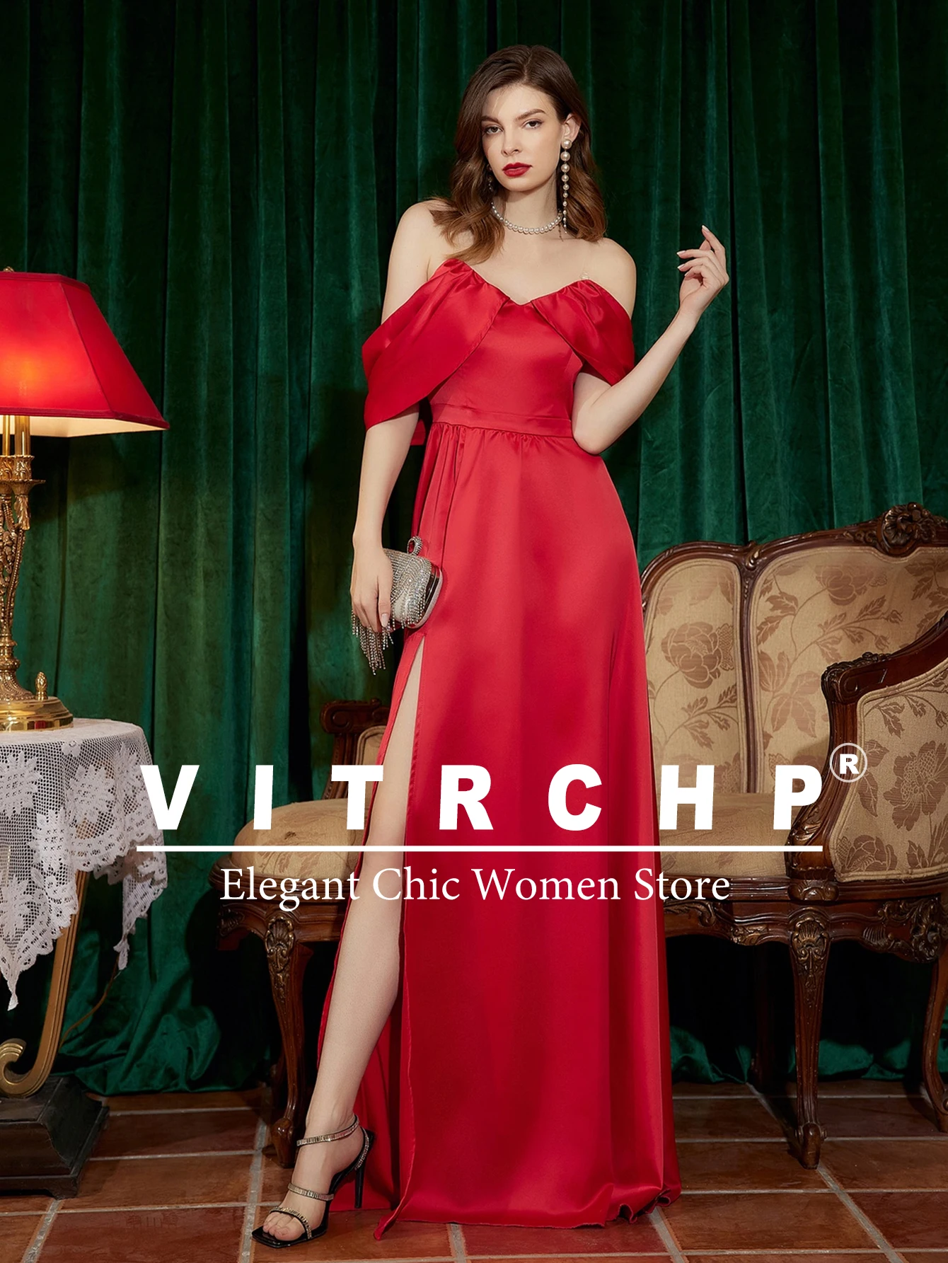 Satin Prom Dresses Women Off The Shoulder Evening Party Gown Side Slit Long Dress Evening dresses