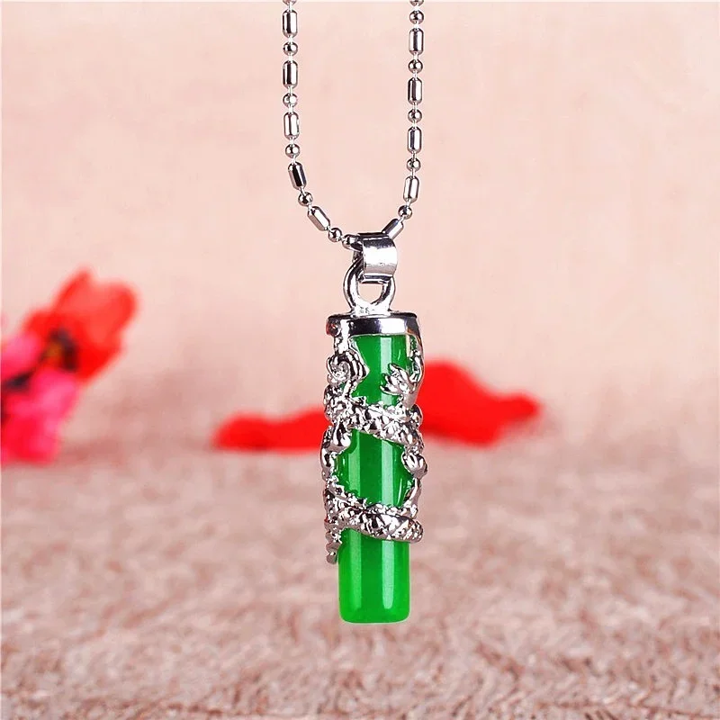 Natural Green Jade Dragon Pillar Pendant 925 Silver Necklace Carved Charm Jewelry Fashion Accessories Amulet for Men Women Gifts