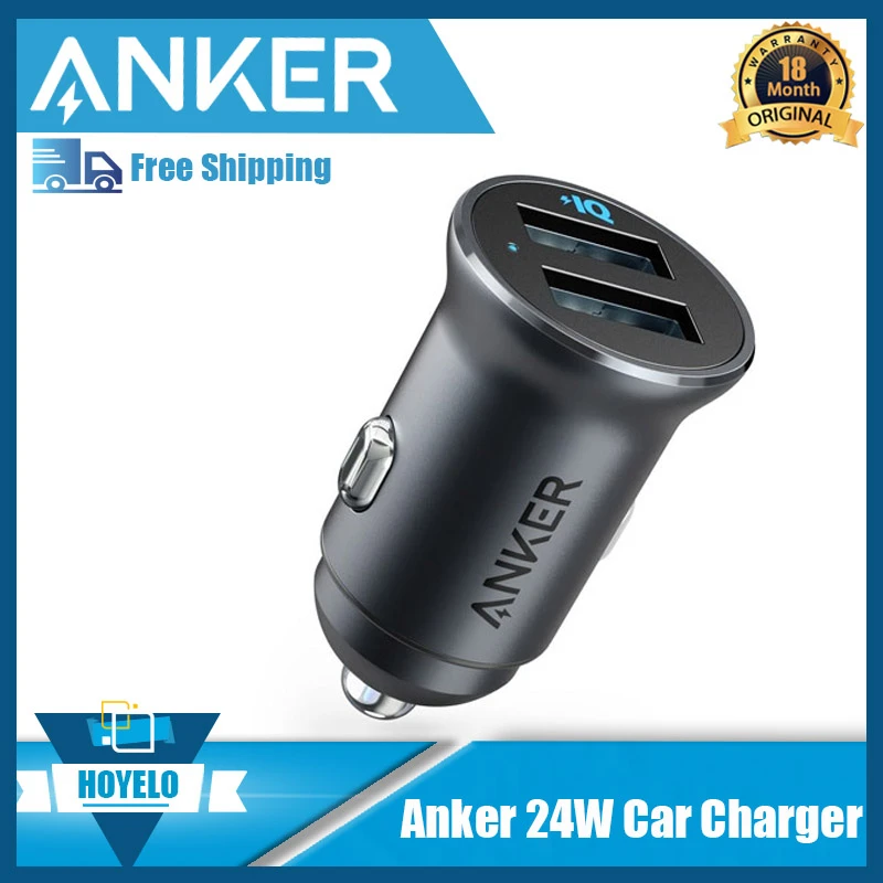 Anker Car Charger fast charger Mini 24W 4.8A Metal Dual USB PowerDrive 2  Alloy Flush Fit Car Adapter with Blue LED