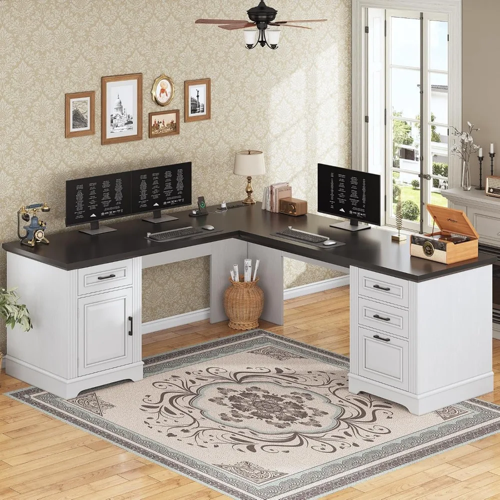 Farmhouse 69" Executive L Shaped Desk, Home Office Desk with Drawers and Storage Cabinet & Power Outlet, Corner Computer Desk, 3