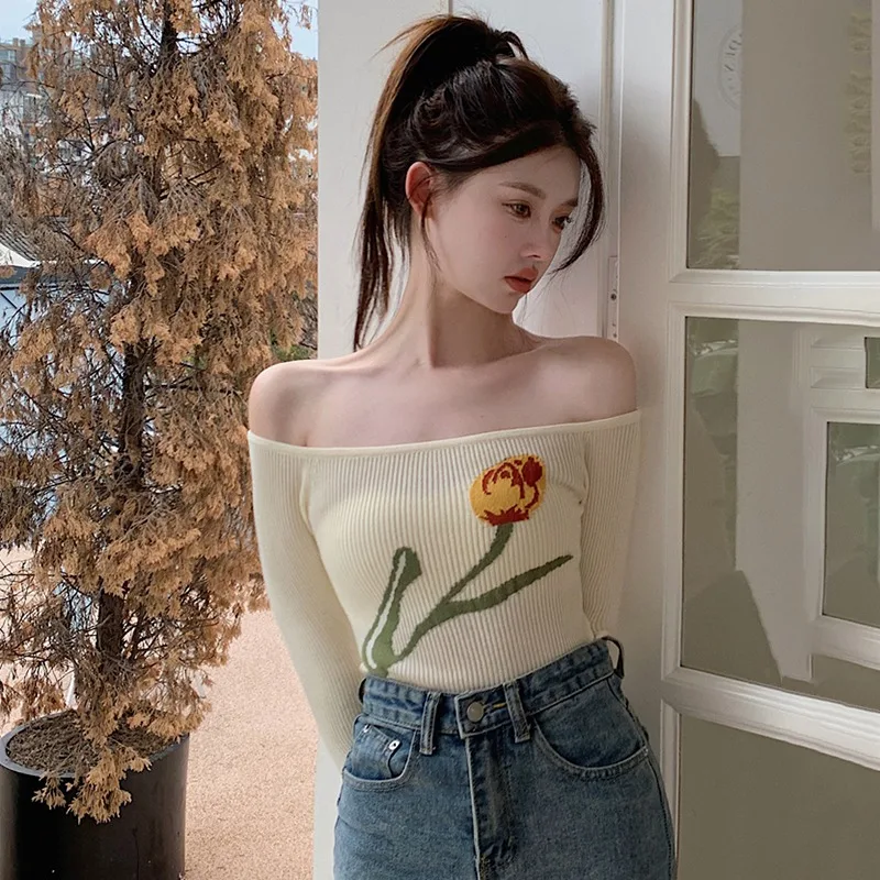 

Women's Crop Top Tunic Tops Long Sleeve Off Shoulder Flower