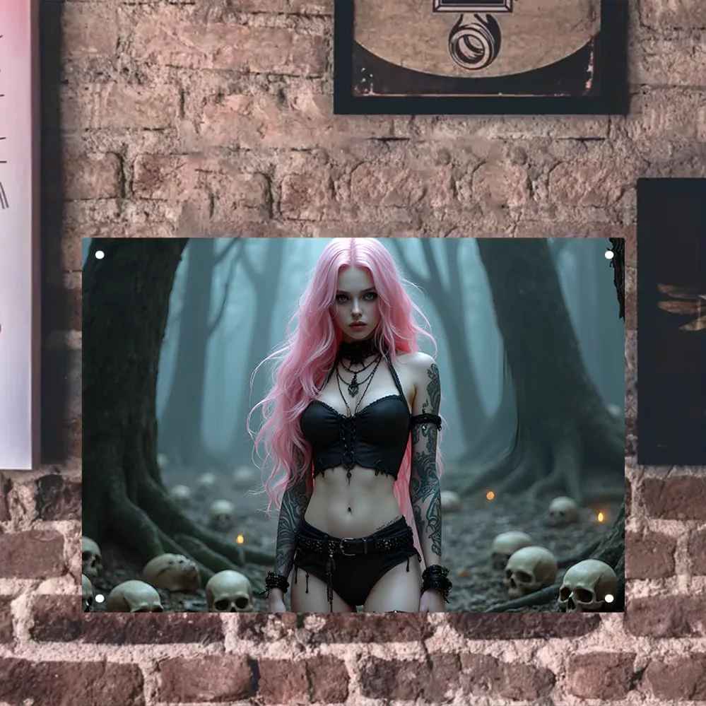 Gothic Pink-Haired Metal Wall Art Sign - Unique Aluminum Decor