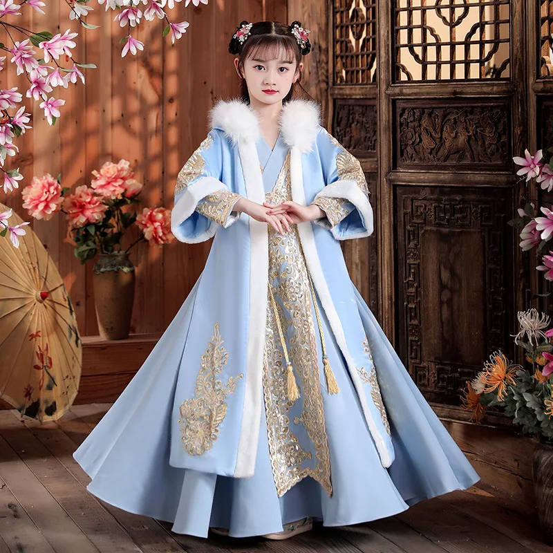 

Hanfu Girls Costume Cheongsam China New Year Spring Festival Clothing Winter Thickening Robe Warm Performance Flower Kid Dresses