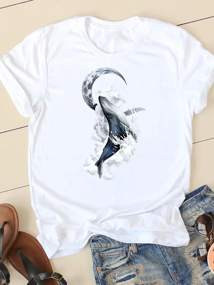 

Moon Beach Wave Short Sleeve Print T-shirts Ladies Casual Clothing Women T Clothes Fashion Female Graphic Tee