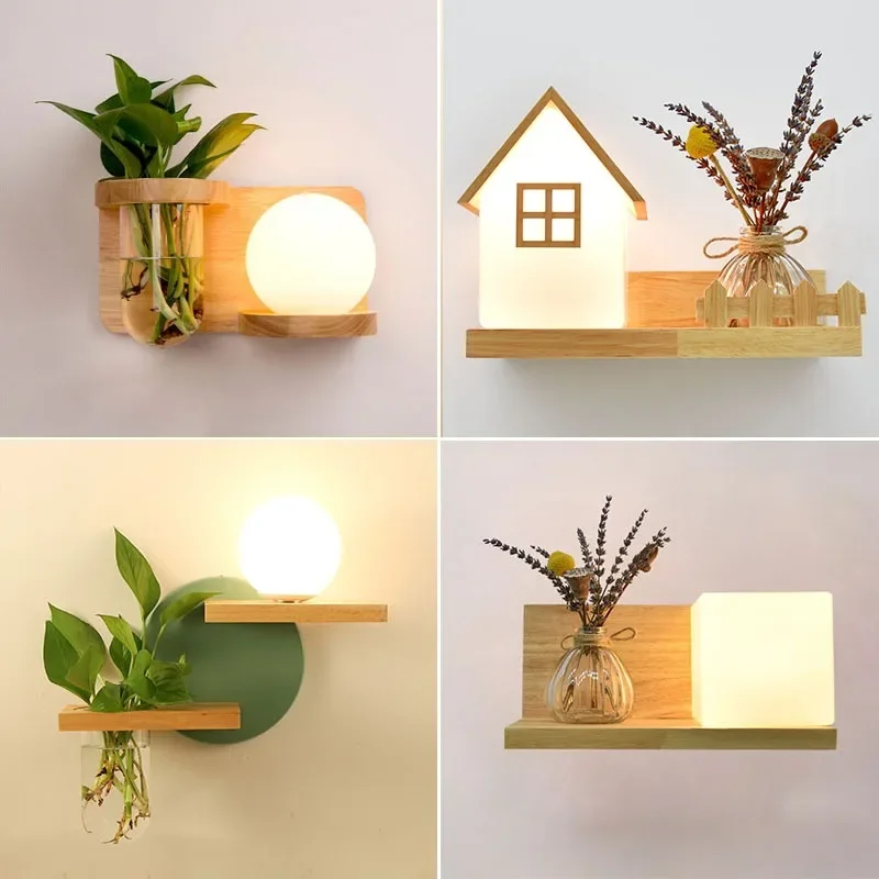 

Nordic LED Wall Lamp Modern Solid Wood Green Background Corridor Hotel Porch Living Room Decor Home Bedroom Bedside Night Light