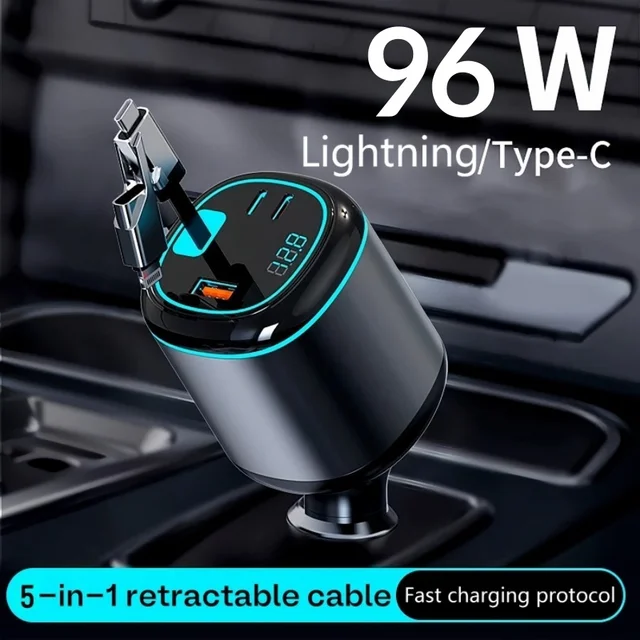Novora 96W Retractable Car Charger with 12W USB Lightning Cable, 5-Port USB-C, Fast Charging Block, 90cm Retractable Cable