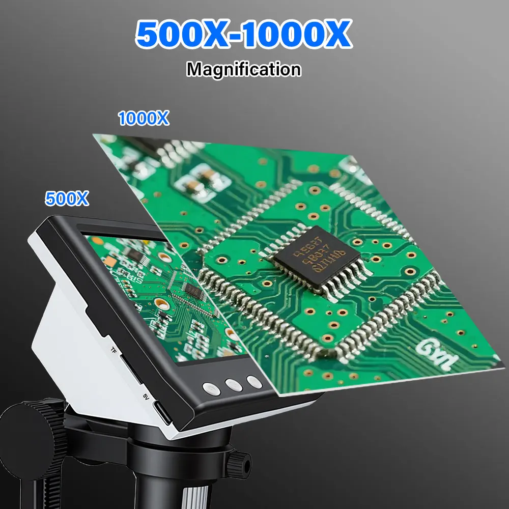 4.3인치 디지털 현미경 1000배율 코인 현미경 1080P 비디오 현미경(스탠드 포함) 성인용 납땜 작업용 8개 LED 드롭스 포함