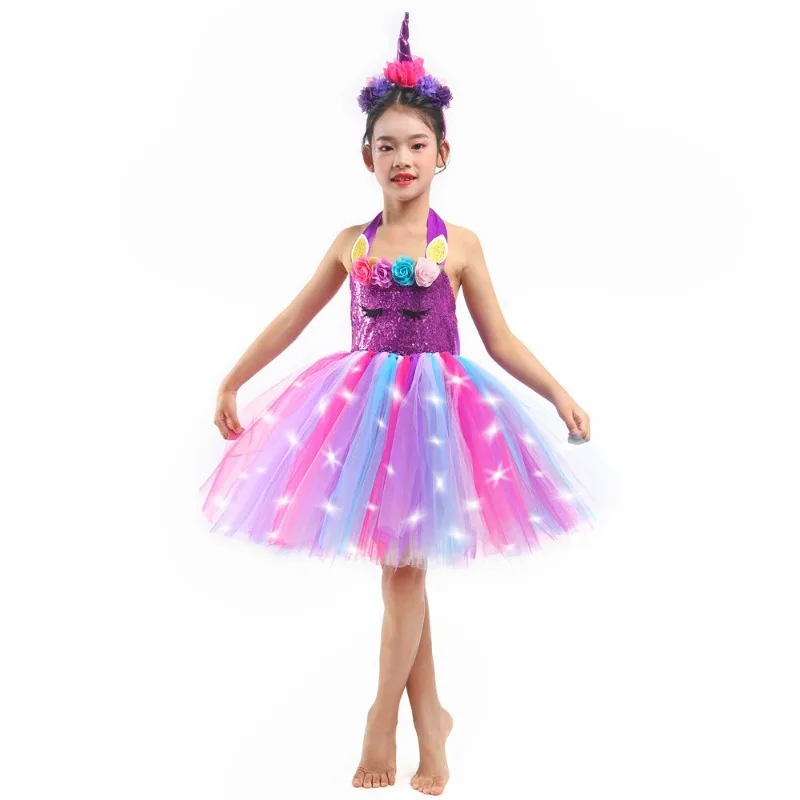

Girls Unicorn Dress LED Light Up Rainbow Sequins Birthday Party Princess Tutu Dress Christmas Halloween Costume for Kids Clothes