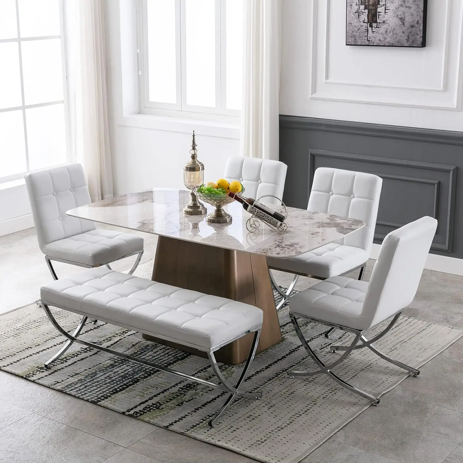 Leather Upholstered Dining Bench, Button Tufted Footrest Stool Vanity Seat with with X Metal Legs, 45.75" W x 16.5" D x 19.25" H