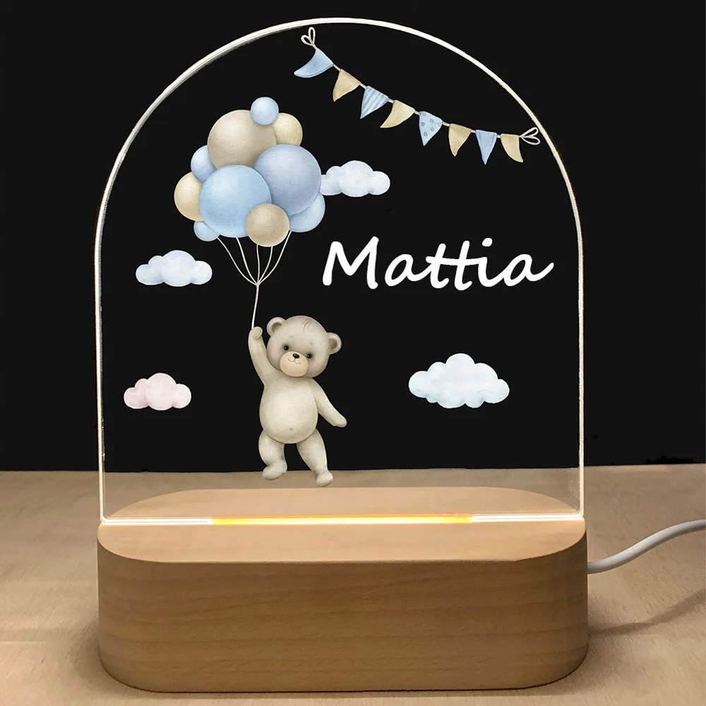 Personalized Baby Birth Night Light Custom Name Cute Bear Rabbit Balloon Cloud With LED USB 7 Colors Wood Base Lamp For Kid Gift