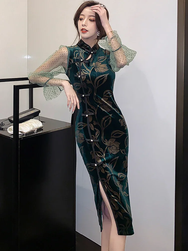 

2023 Green Print Velvet Patchwork Mesh Long Sleeve Midi Dress Korean Vintage Elegant Ladies Dress Autumn Winter Bodycon Vestidos