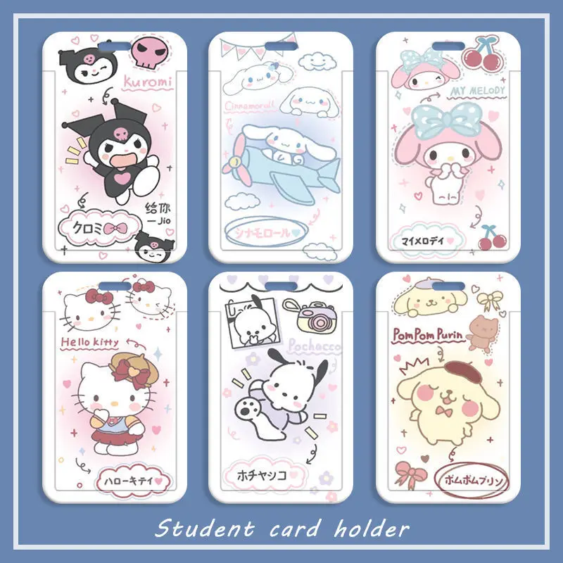 

Anime Sanrio Card Holder Cartoons Figure Hello Kitty Kulomi Melody Student Campus PVC Card Cover Hanging Neck Lanyard ID Case