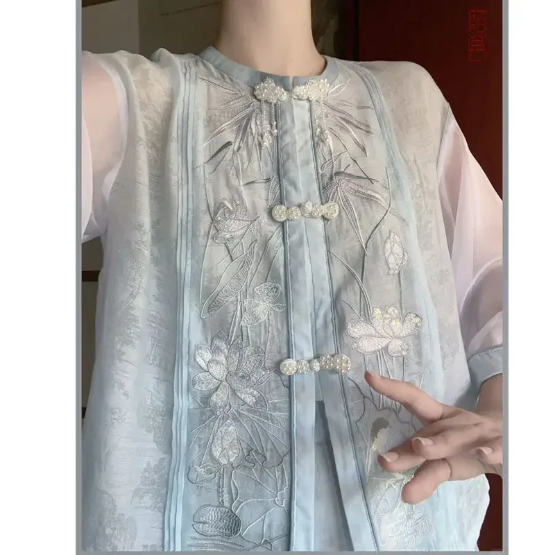 National Style Blue Round Neck Lotus Embroidered Long Sleeved Tang Suit Women's Summer Casual Top Shirt Pants Chinese Clothes