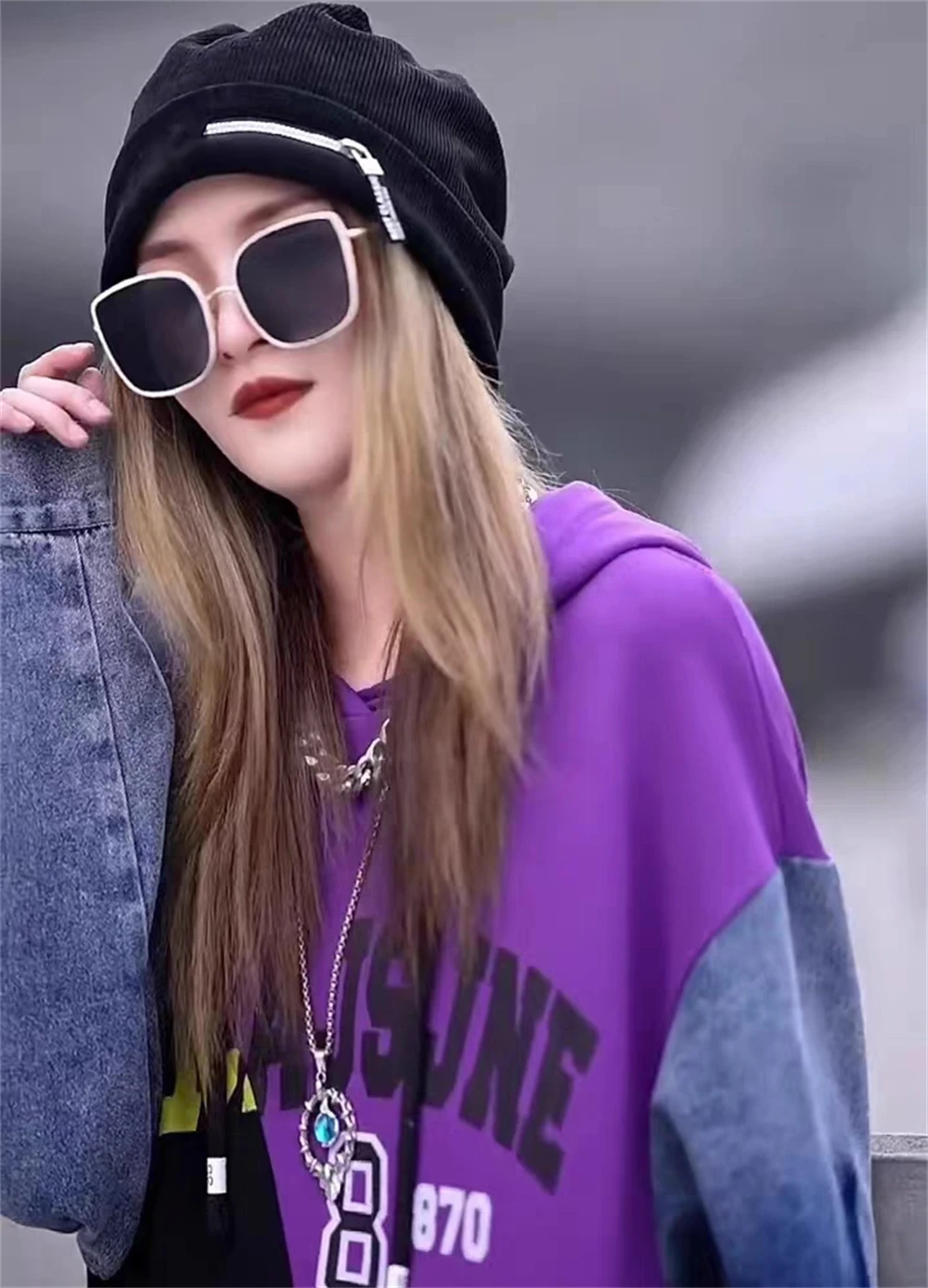 European New Design Sense Wash Denim Splice Spring and Autumn Mid length Loose Hooded Sweater Women's Trend