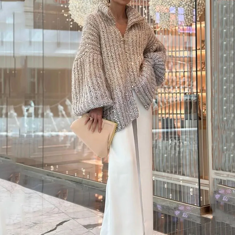 Sparkling Silk Sweater Zipper Cardigan Women Elegant Stand Collar Bishop  Sleeve Sweater Coat 2023 Autumn Chic Lady Outerwear