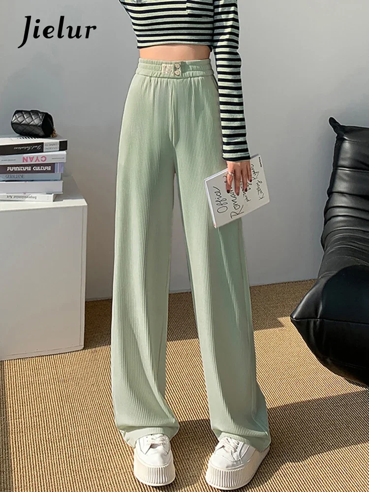 Jielur Green High Waist Female Wide Leg Pants Solid Color Double Buttons Loose Women Pants Slim Straight Full Length Chic Pants