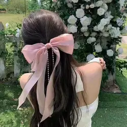 Bow Tassel Spring Clip Beige Pink Sweet Hairpin Barrettes Girls Ponytail Clip For Women Wedding Party Hair Accessories