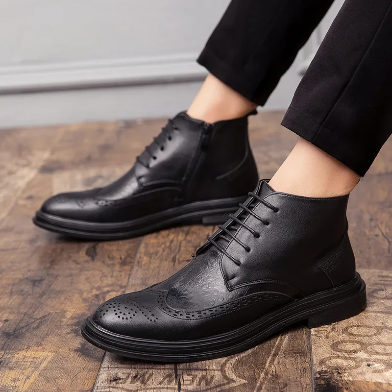 Business Chelsea Boots Mens Winter Ankle Boots Men Leather Zipper Side Thick Artificial Fur Snow Men Winter Dress Shoes