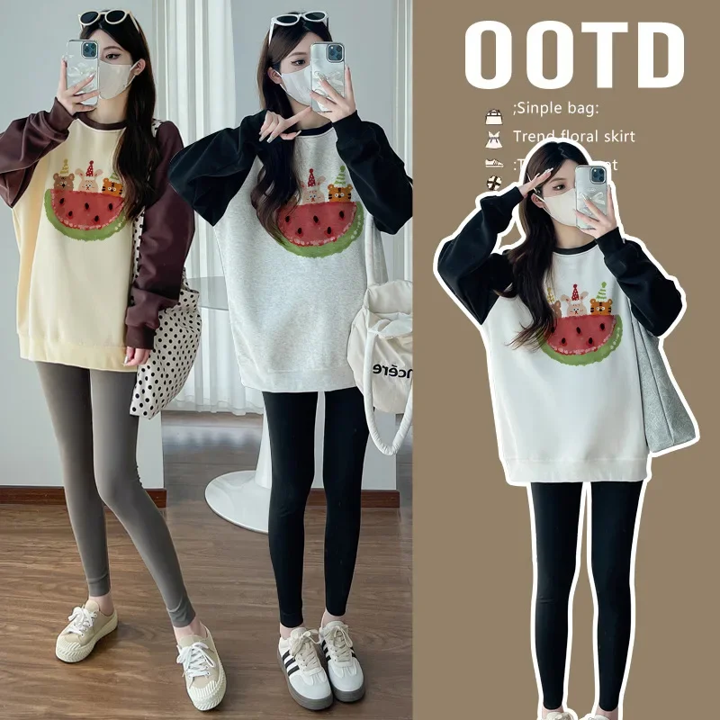 Pregnant Women's Clothing Set Autumn New Cartoon Top Sweatshirt Shark Pants Two-Piece Spring Autumn Maternity Outfit Combo