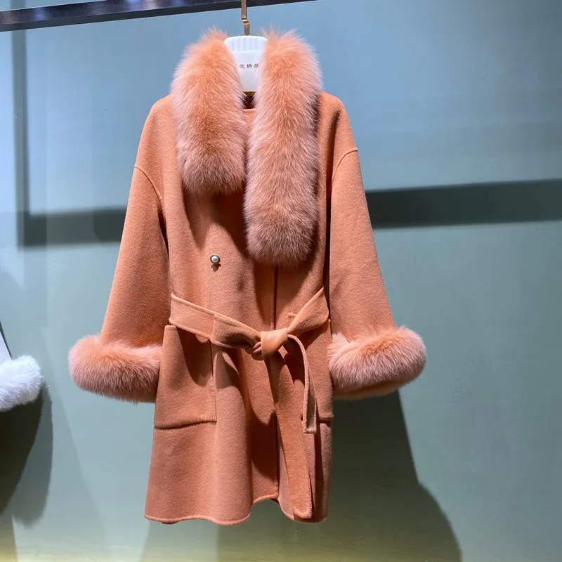 

Autumn Winter Women famous designer luxury 100% Wool jacket with real Fox Fur Collar Cuffs Woolen Overcoat ZY9126