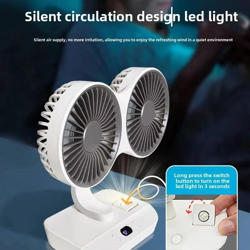 Double Head Desk 8000mAh Rechargeable 4 Speed Oscillating Fan Digital Display Adjustable Airflow_voghion.com