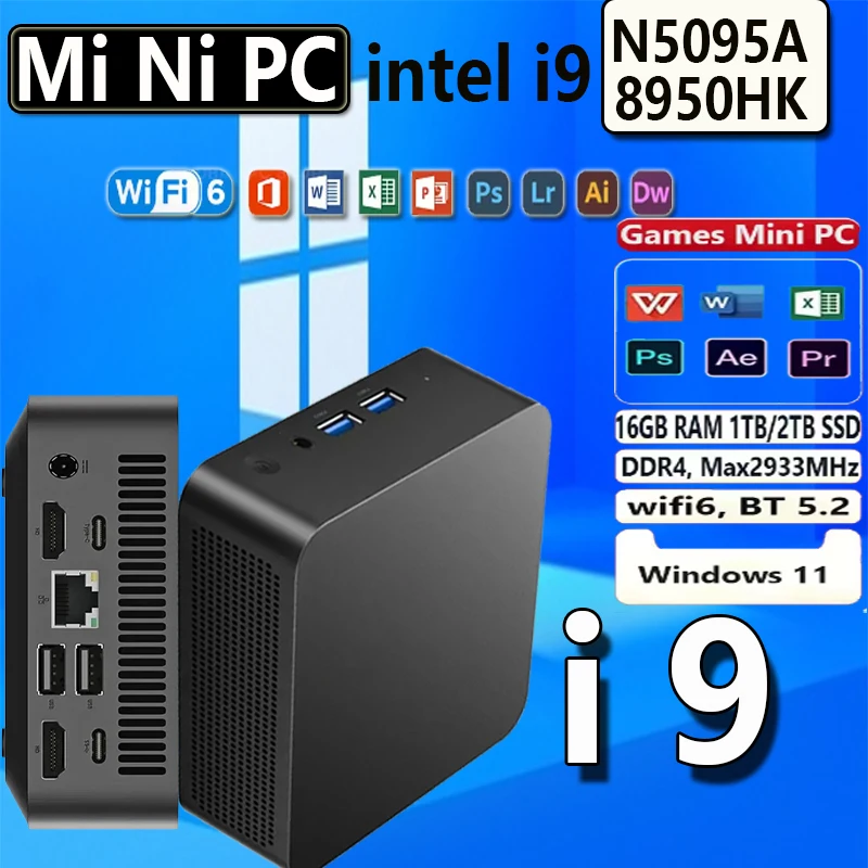 새로운 인텔 미니 PC Windows 11 인텔 코어 i9-8950Hk 셀러론 N5095A 16GB DDR4 1TB/2TB WiFi6 휴대용 미니 작업 및 엔터테인먼트 PC