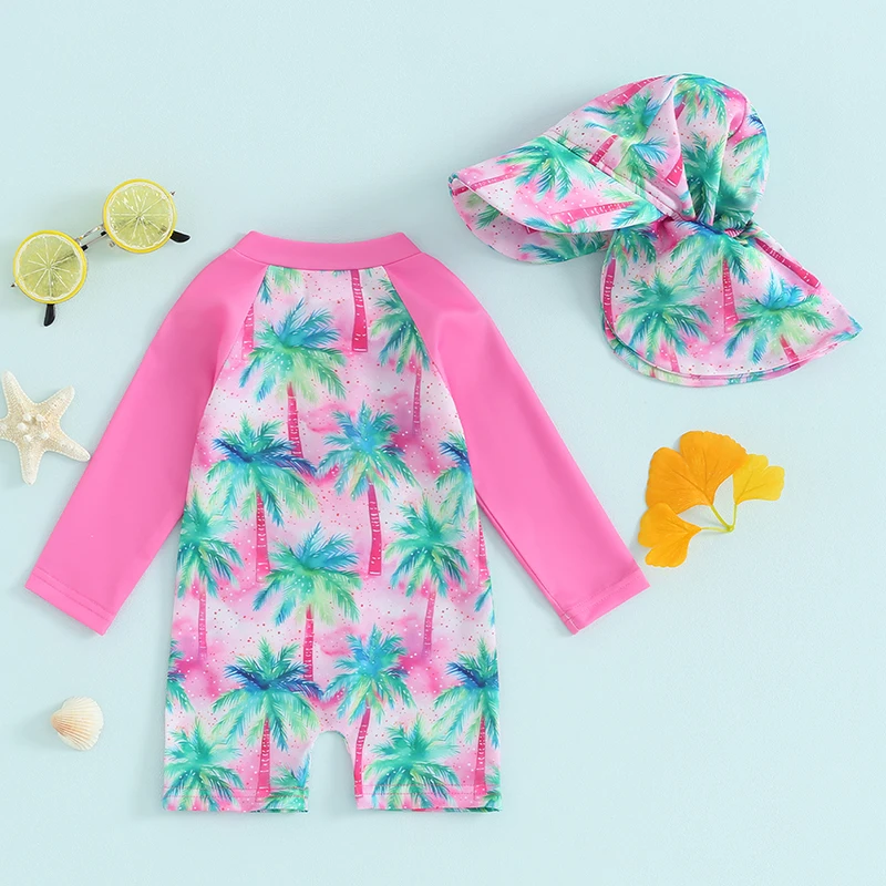 Infant Baby Boy Girls Rash Guard Swimwear Toddler Cartoon Floral Print Zipper Long Sleeve Swimsuits Sun Hat 2Pcs Bathing Suits