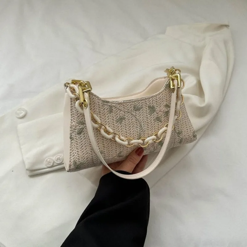 Elegant Shoulder Bags for Women High Quality Embroidery Underarm Handbags Weaven PU  Leather Armpit Purse Bag