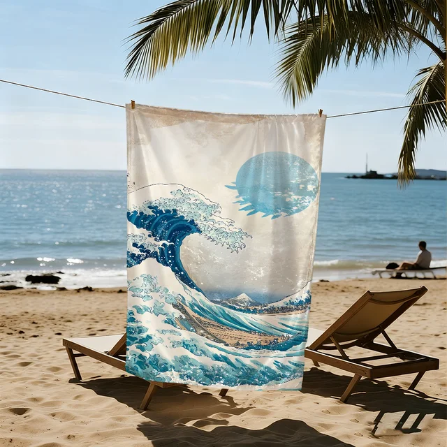 Beige Cartoon W-wave-e art Towel Large Quick-Drying Microfiber soft Beach Towel for Travel Fitness Sauna Bathing Camping 6