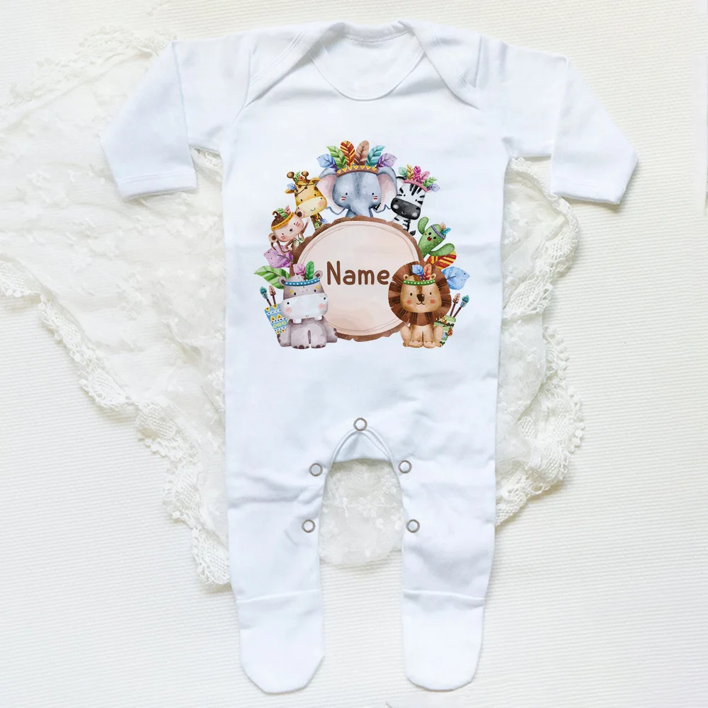 Baby Clothes Baby Sleepsuit Personalised Baby Babygrow Sleepsuit Safari Animals Wreath Infant Sleepsuit Boys Girls Clothes Newborn Coming Home Outfits
