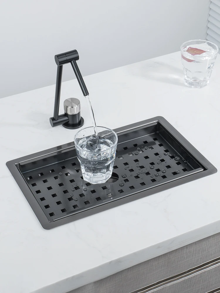 Black Nano Rectangular Stainless Steel Small Water Channel Middle Island Counter Bar Kitchen Tea Room Sink Mini Single Sink