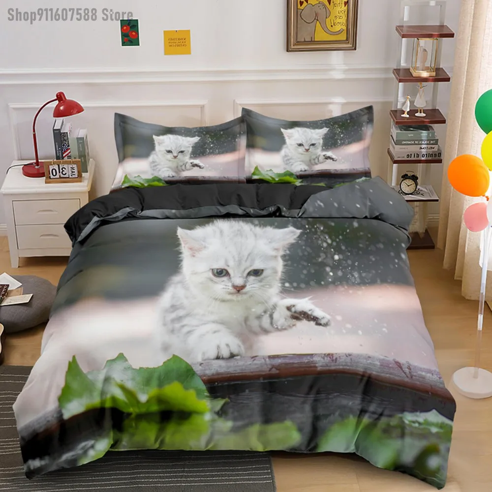 

Cute Kitten Bedding Set Pussy Cat Duvet Cover Grey Pet Home Textile with Pillowcases for Kids Girls Teens Queen King Single Size