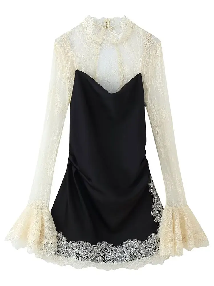 HH Women Elegant Fashion Lace Patchwork Dress Flare Sleeve Slim Mini Dresses 2026 Spring Summer Lady Sexy Party Evening Dress