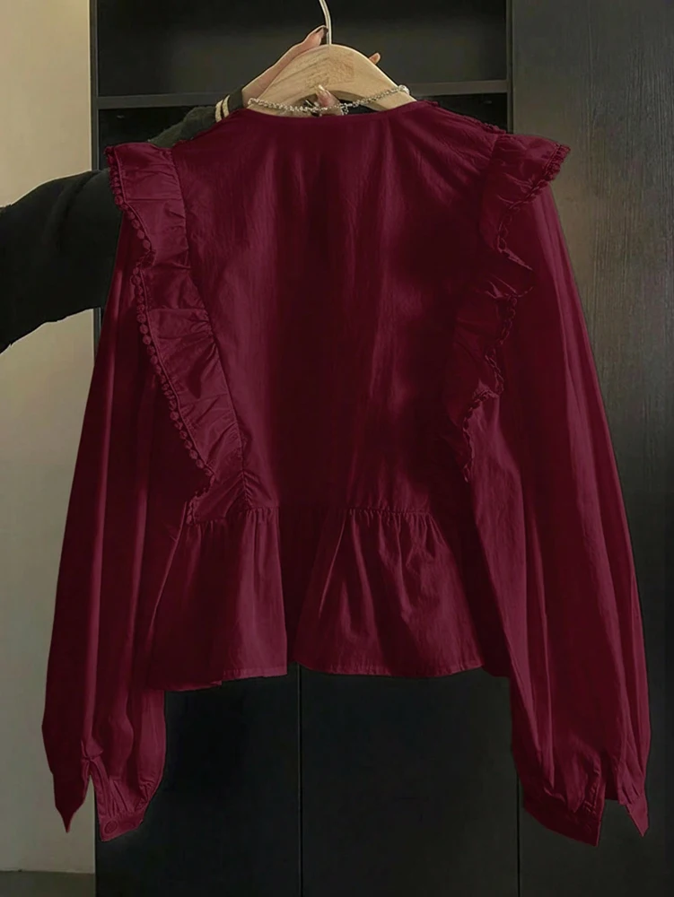 Übergröße 2026 Herbst Neuheiten Damen Casual Einfarbiges Spitzenbesetztes Rüschen-Langarm-Oberteil Modisch und Elegant – Detail 20