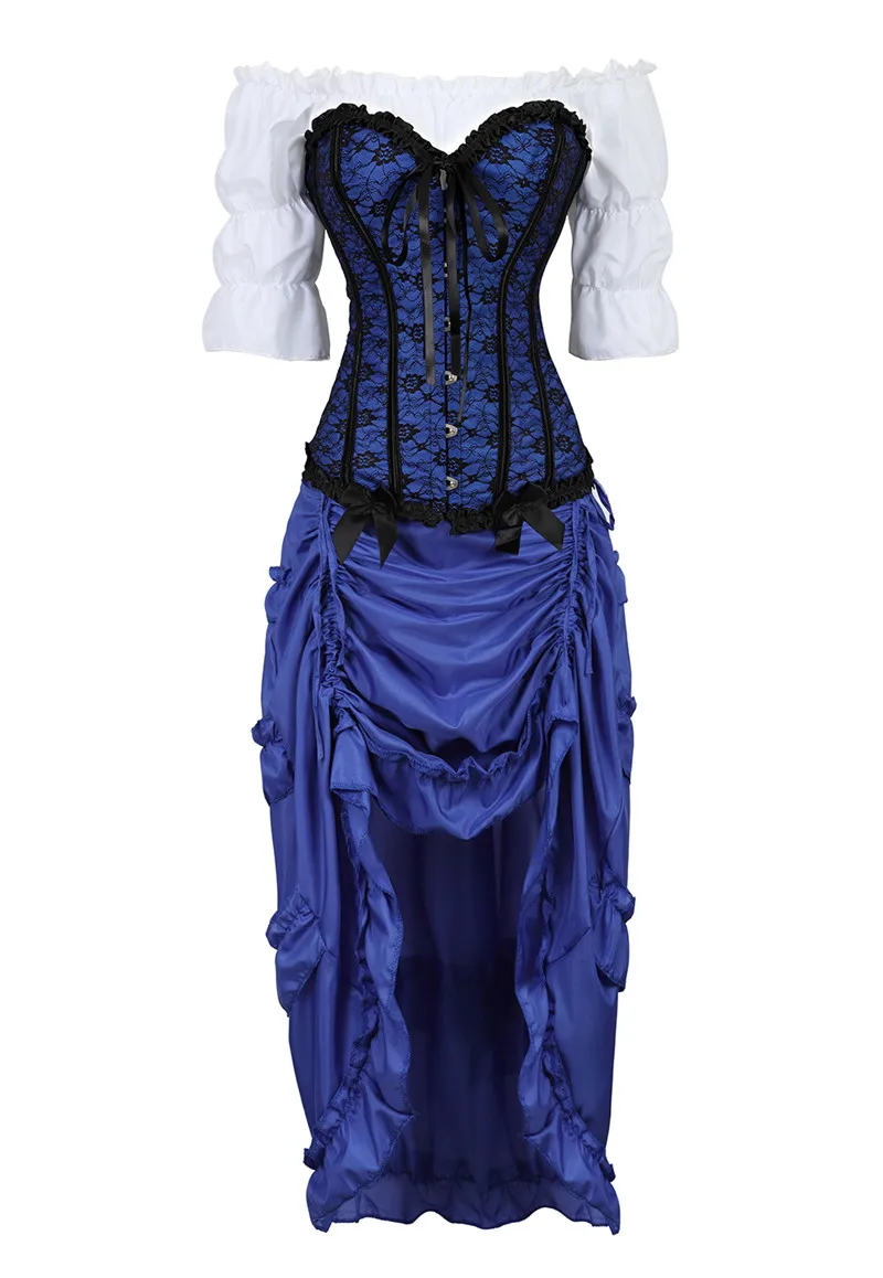 Corset Dresses for Women Top Skirt Set 3 Piece Front High and Low Irregular Costume Cosplay Burlesque Outfit Vintage Red Blue