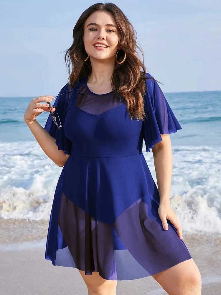 Plus Size Womens One Piece Tummy Control Swimdress Solid Mesh Patchwork Ruffle Sleeve Cover Up Swim Dress Chubby Swimsuit Best Sellers In Plus Sized Clothing