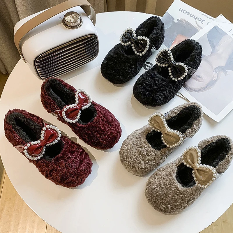 Red Teddy Fur Ballet Flats Kid Girl Warm Thick Plush Mary Janes Child Winter Fluffy Party Princess Shoes With Pearl Bowknot
