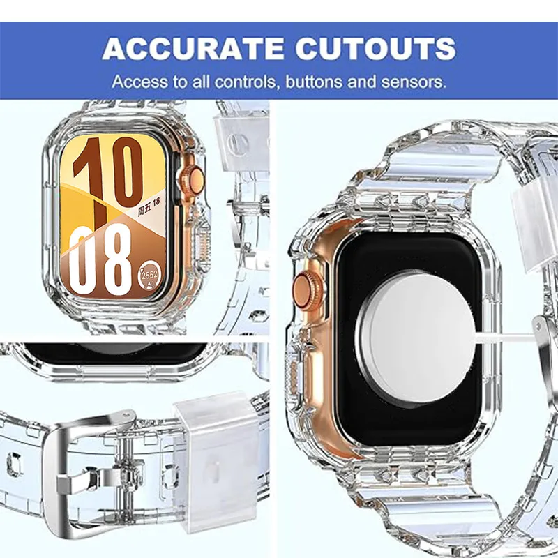 Dual-Function Silicone Band and Case for Smartwatch - Transparent Sport Strap and Protective Bracelet