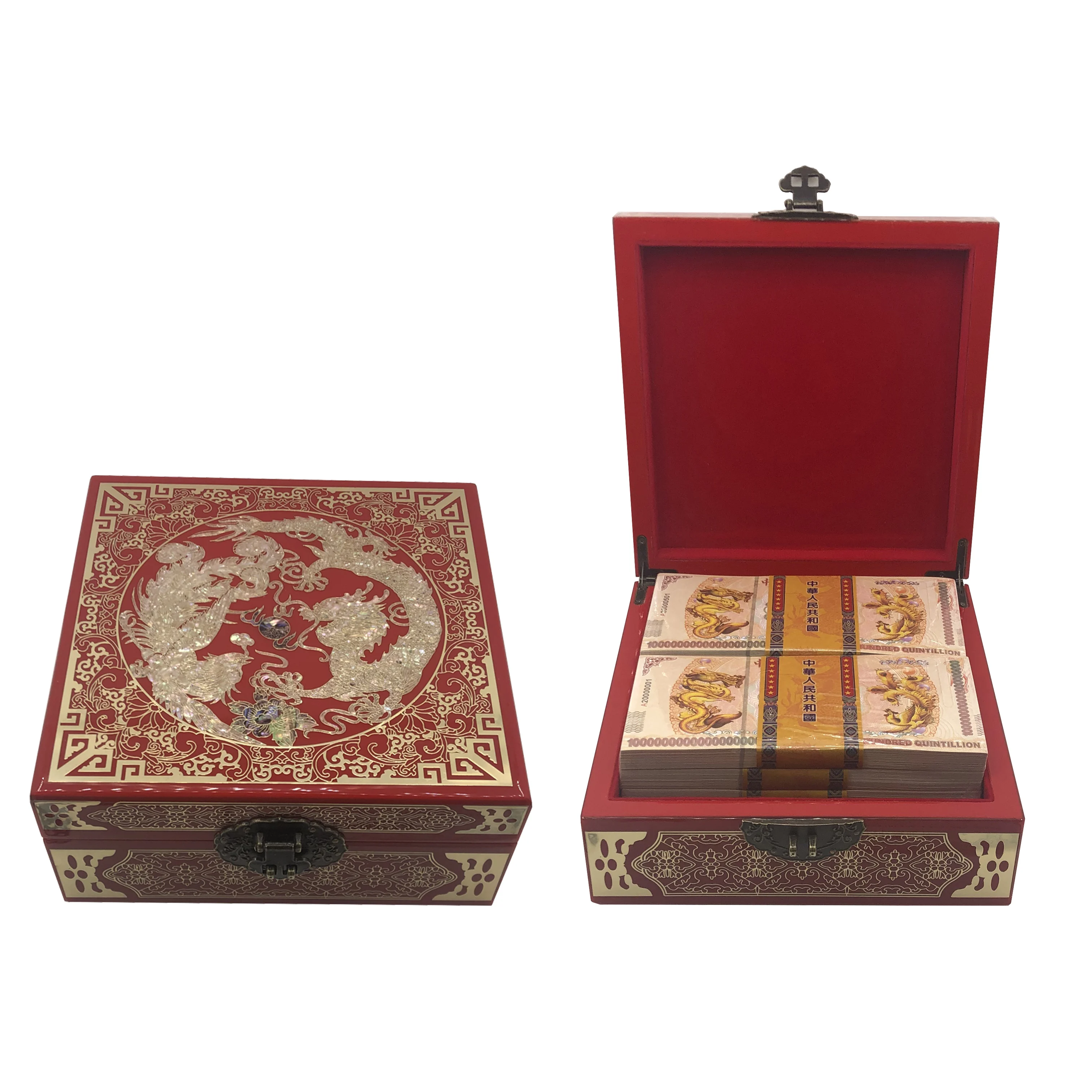 

1000 pcs Chinese Yellow Dragon and Phoenix one hundred Quintillion Banknotes With Nice red/black Square Wood Dragon Box
