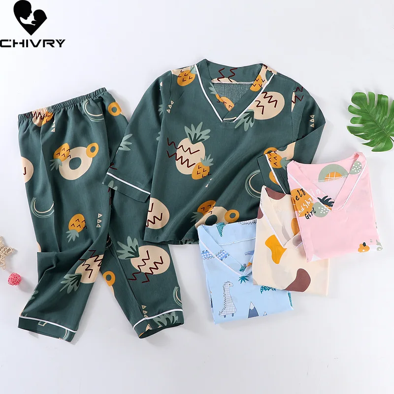 

New 2021 Kids Boys Girls Summer Pajama Sets Cartoon Print Long Sleeve V-Neck T-Shirt Tops with Pants Baby Sleeping Clothing Set