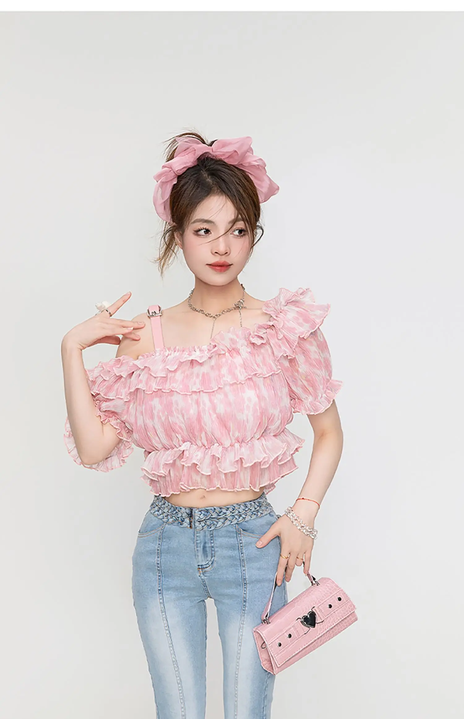 Girly Sweet Cute Ruffled Edge Pink Chiffon Shirts Short Sleeve Tops Summer New Fashion Off-Shoulder Loose Short Blouse Women