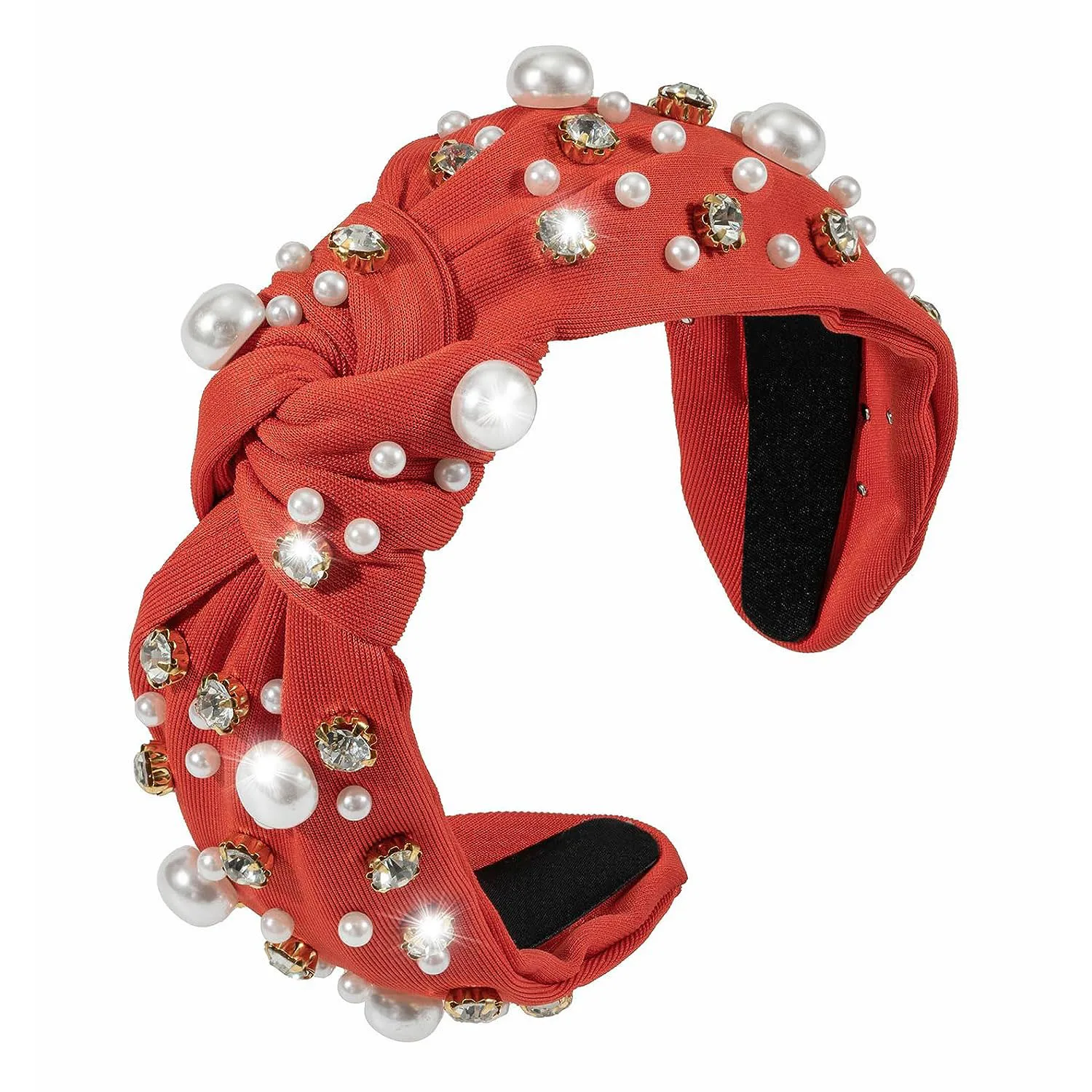 Knotted Jeweled Headband Pearl Knotted Jeweled Red Headband for Women Pearl Rhinestone Crystal Embellished Hairband Fashion