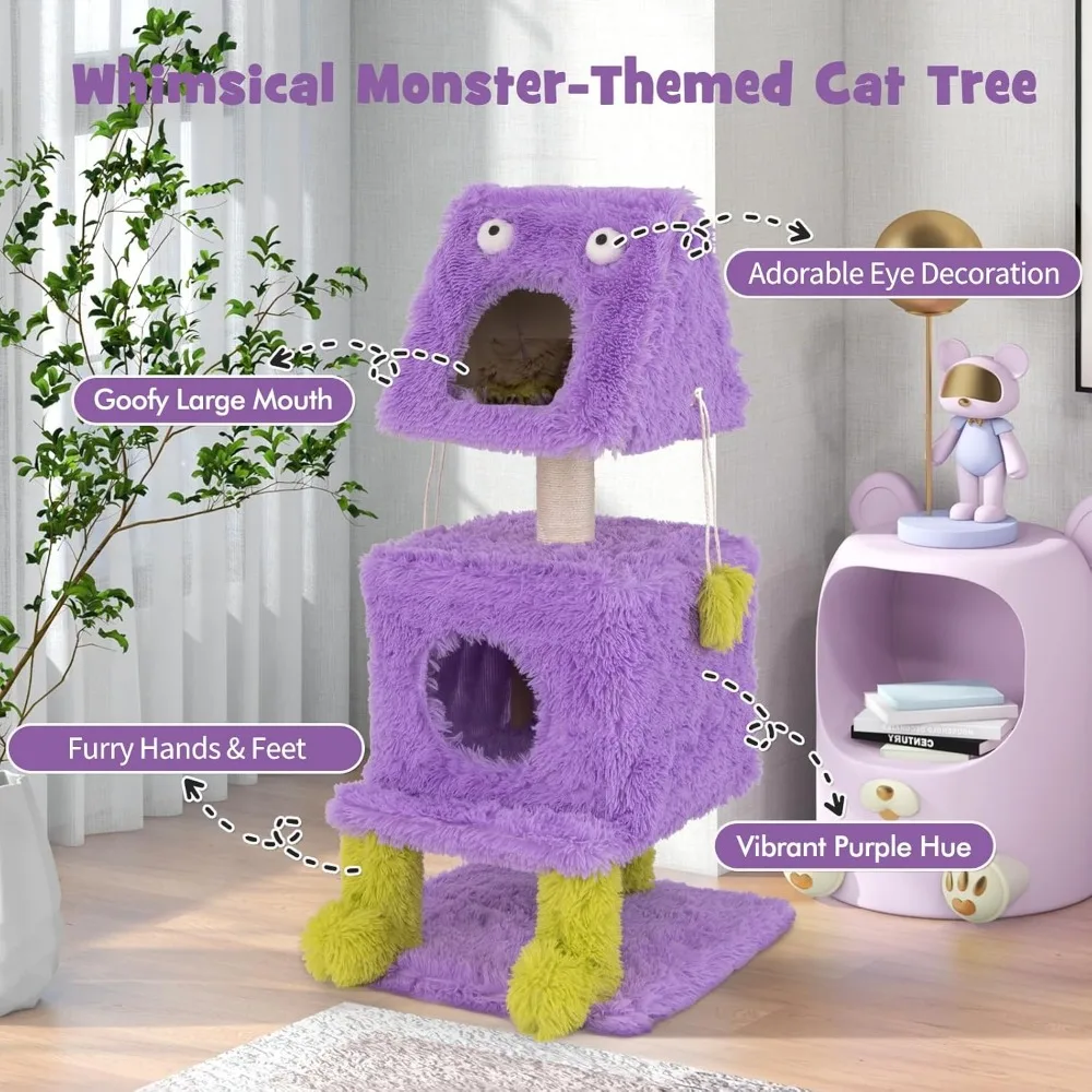 3-Tier Monster-Themed Cat Tower – Sisal Scratching Posts, 2 Enclosed Condos & Hanging Toys