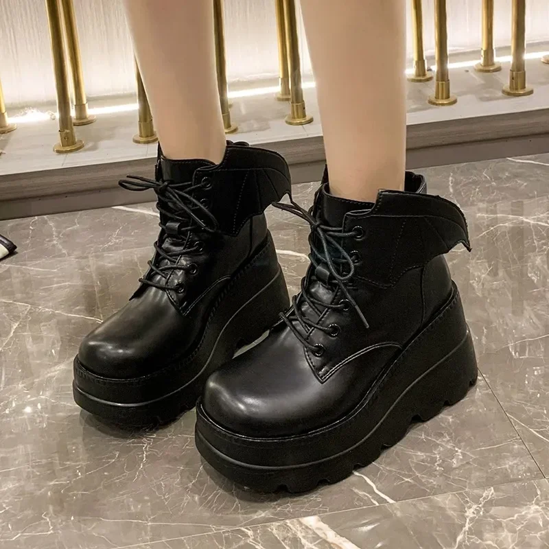 

Ladies Shoes on Sale 2023 Fashion Lace Up Women's Boots Winter Round Toe Solid Short Barrel Wedge Heel Platform Plus Size Boots