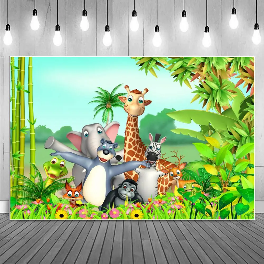

Safari Party Photography Backdrop Children Birthday Decoration Tropical Baby Animals Bamboo Flowers Home Studio Photo Background