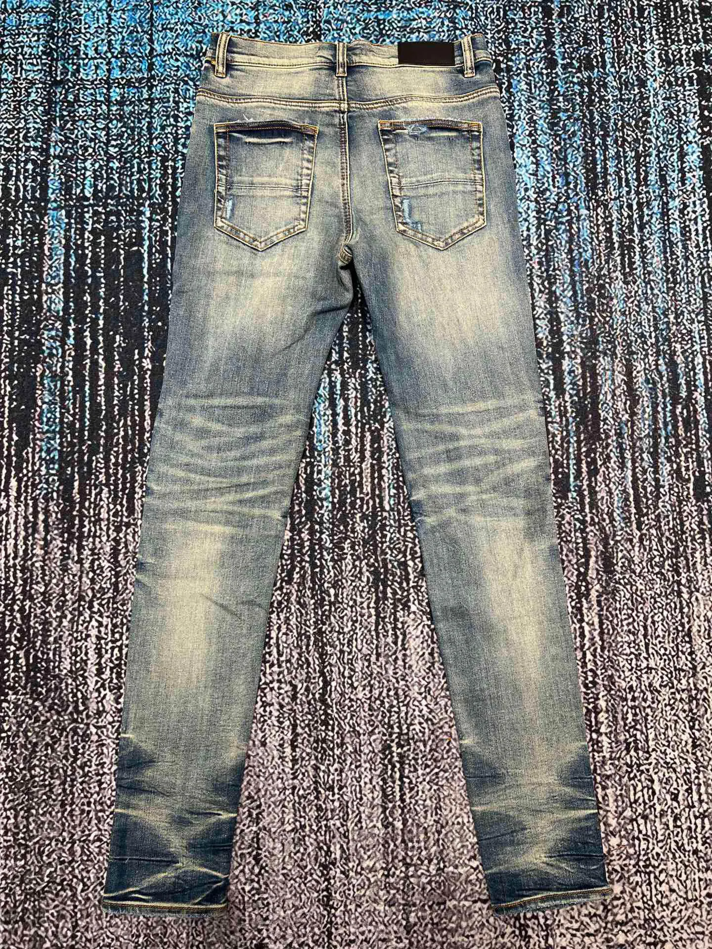 men retro leather patchwork skinny distressed jeans 2